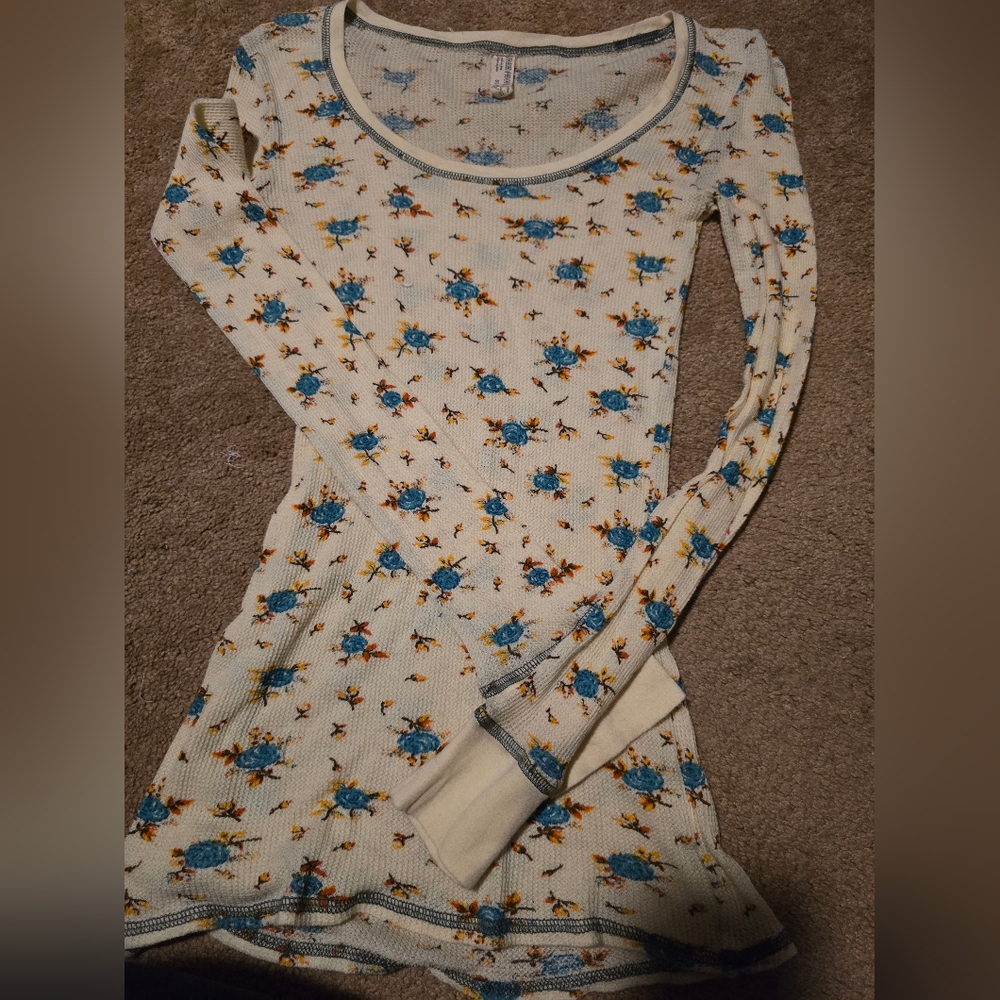 Free People Blue Floral Thermal Layering Tunic S
